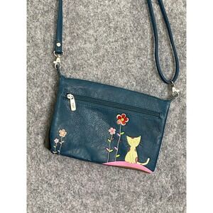 Cat Flower Crossbody Bag Blue‎ Whimsical Applique Purse Espe Vegan Leather